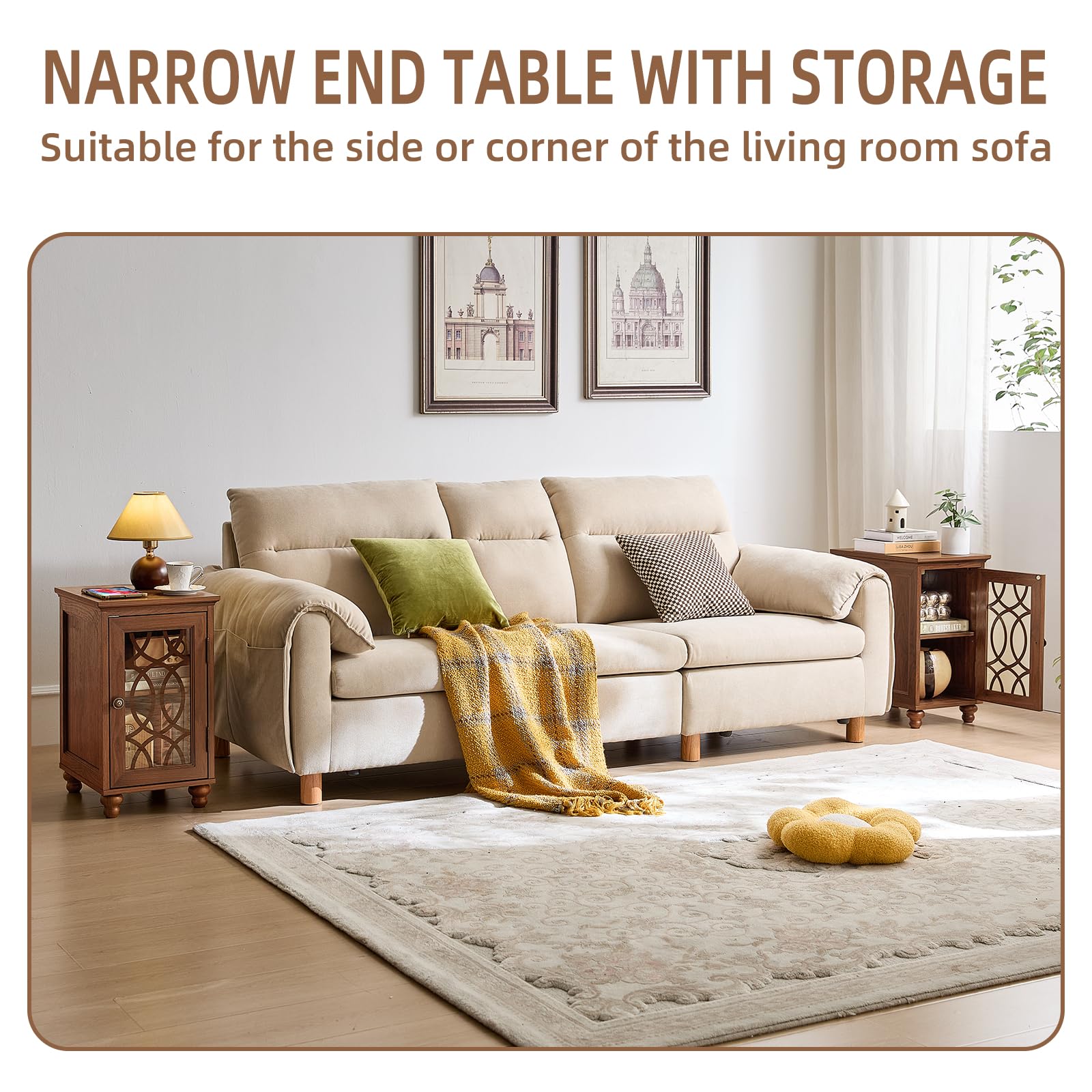 Narrow end tables with storage cabinets, glass doors, and wood tops.