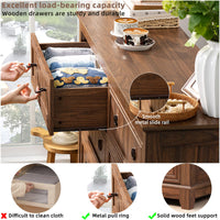 Wooden 6-drawer dresser with metal pull rings and smooth side rails, open drawer front.