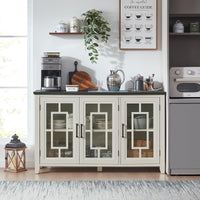 White farmhouse sideboard buffet cabinet with three glass doors and metal handles