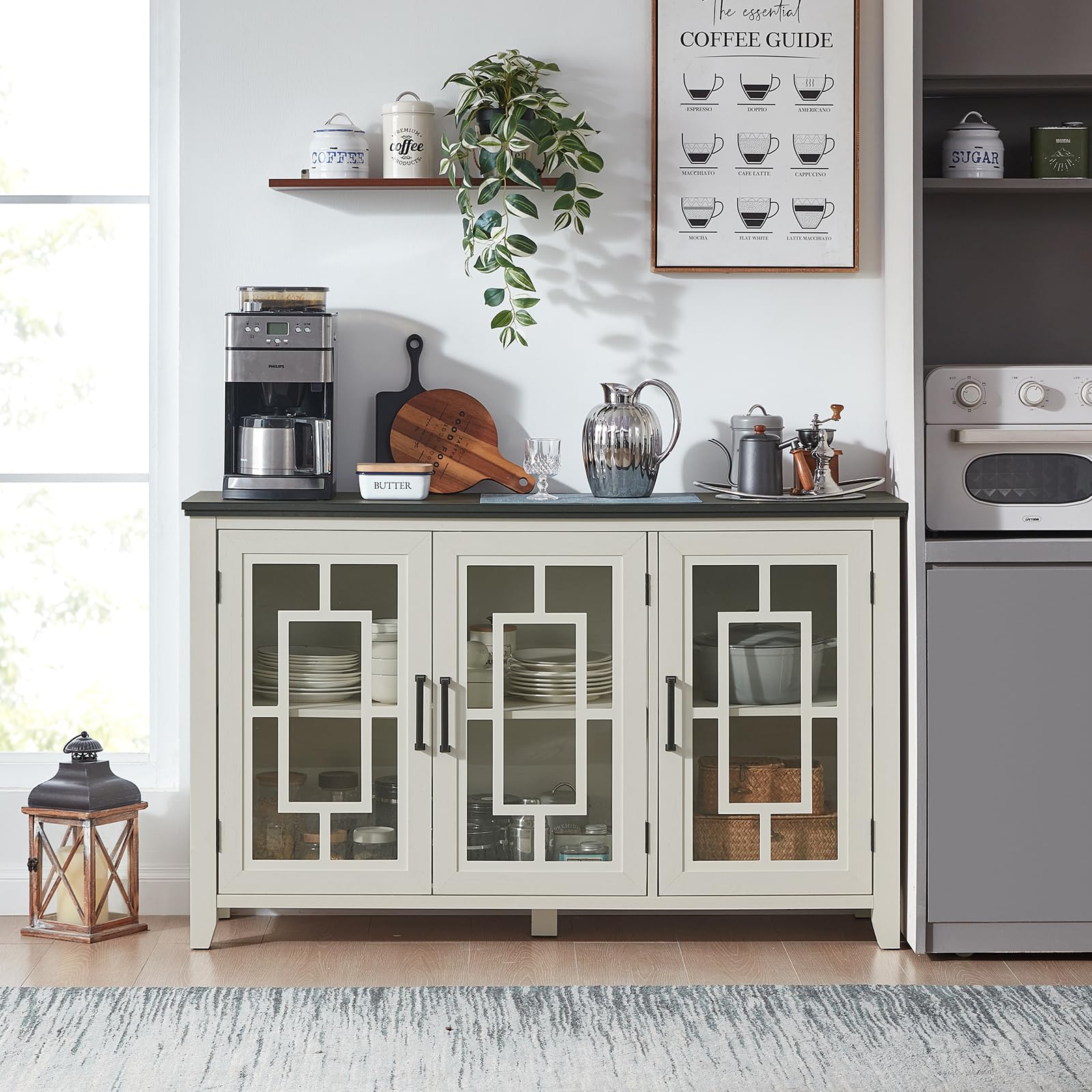 White sideboard cabinet with three glass-front doors and storage shelves