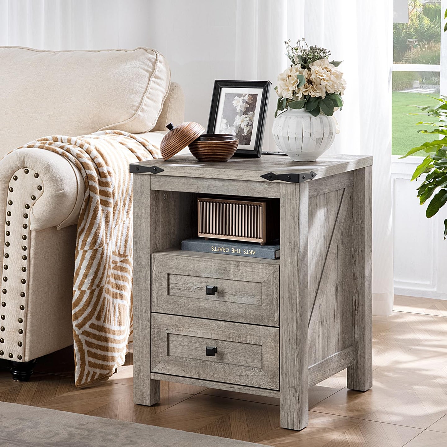 Grey wood nightstand with 2 drawers and open shelf, black top charging surface
