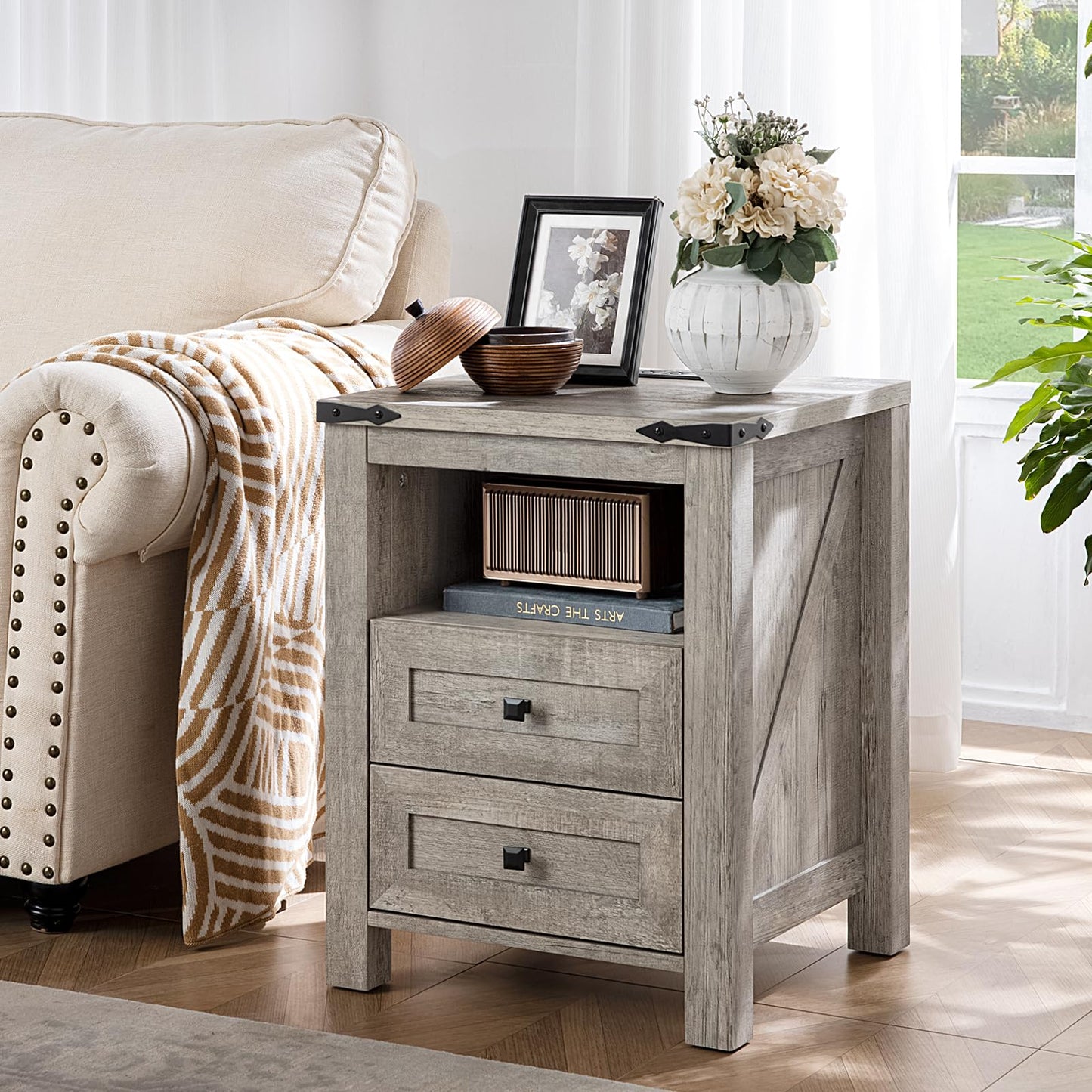 Grey wood nightstand with 2 drawers and open shelf, black top charging surface