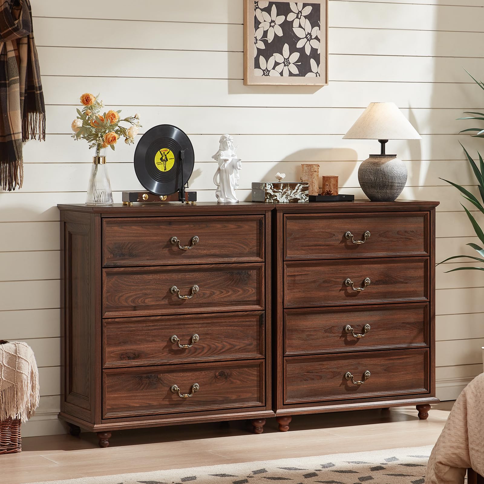 Farmhouse 5 Drawer Dresser for Bedroom, 45" Tall Rustic Chests of Drawers w/ 4 Solid Wood Feet, Mid Century Modern Wooden Closet Storage Dressers Organizer for Living Room, Hallway, Navy Blue