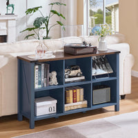 Dark blue console bookcase with open cubby shelves and solid legs for books and decor