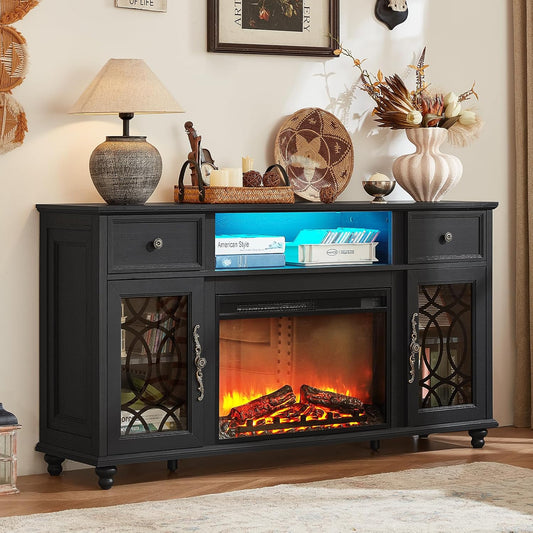 Joaxswe Farmhouse Fireplace TV Stand with Electric Fireplace & LED Lights | 59" Black Entertainment Center w/ Drawers for TVs up to 65'', Glass Door, Fire Place TV Stands for Living Room, Media Console