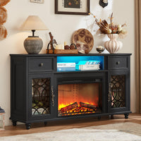 Joaxswe Farmhouse Fireplace TV Stand Sets 3,Side Table with Charger Station | 59" Fire Place TV Stands for Living Room, Entertainment Center Heater for TVs up to 65" with Open Shelves and Drawers, Blue