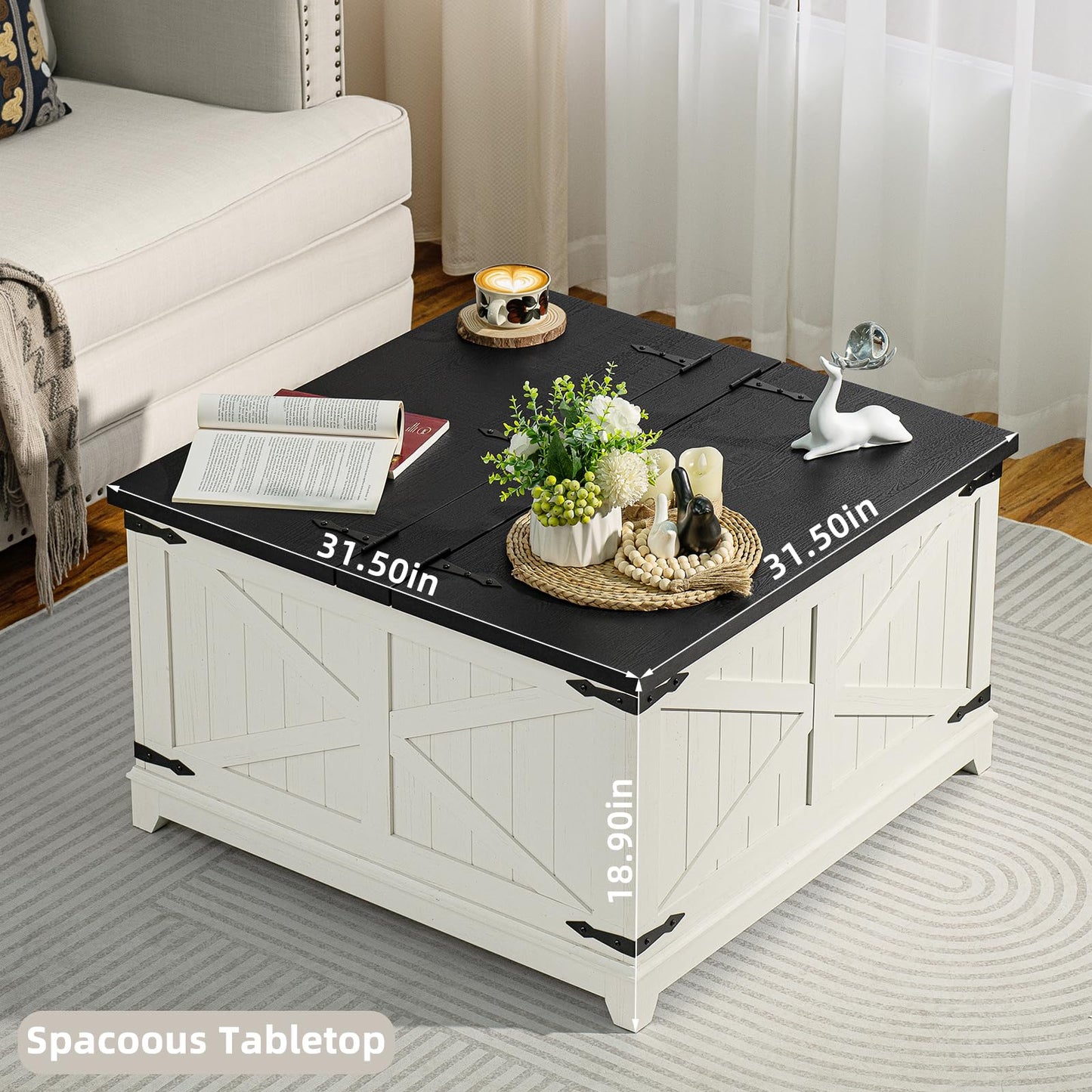 White farmhouse coffee table with black tabletop and flip-top lid, hidden storage inside.