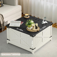White farmhouse coffee table with black tabletop and flip-top lid, hidden storage inside.