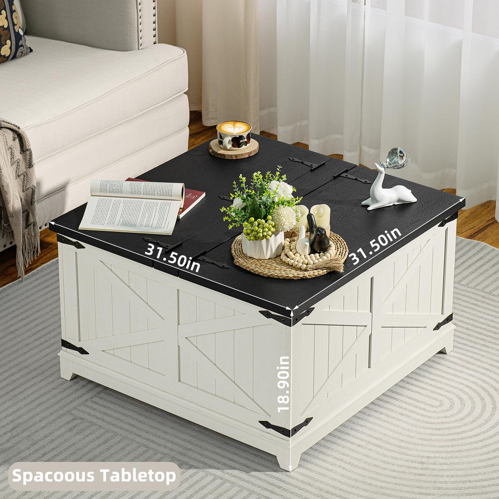 Farmhouse square coffee table with hidden storage, hinged lid, white base and black top
