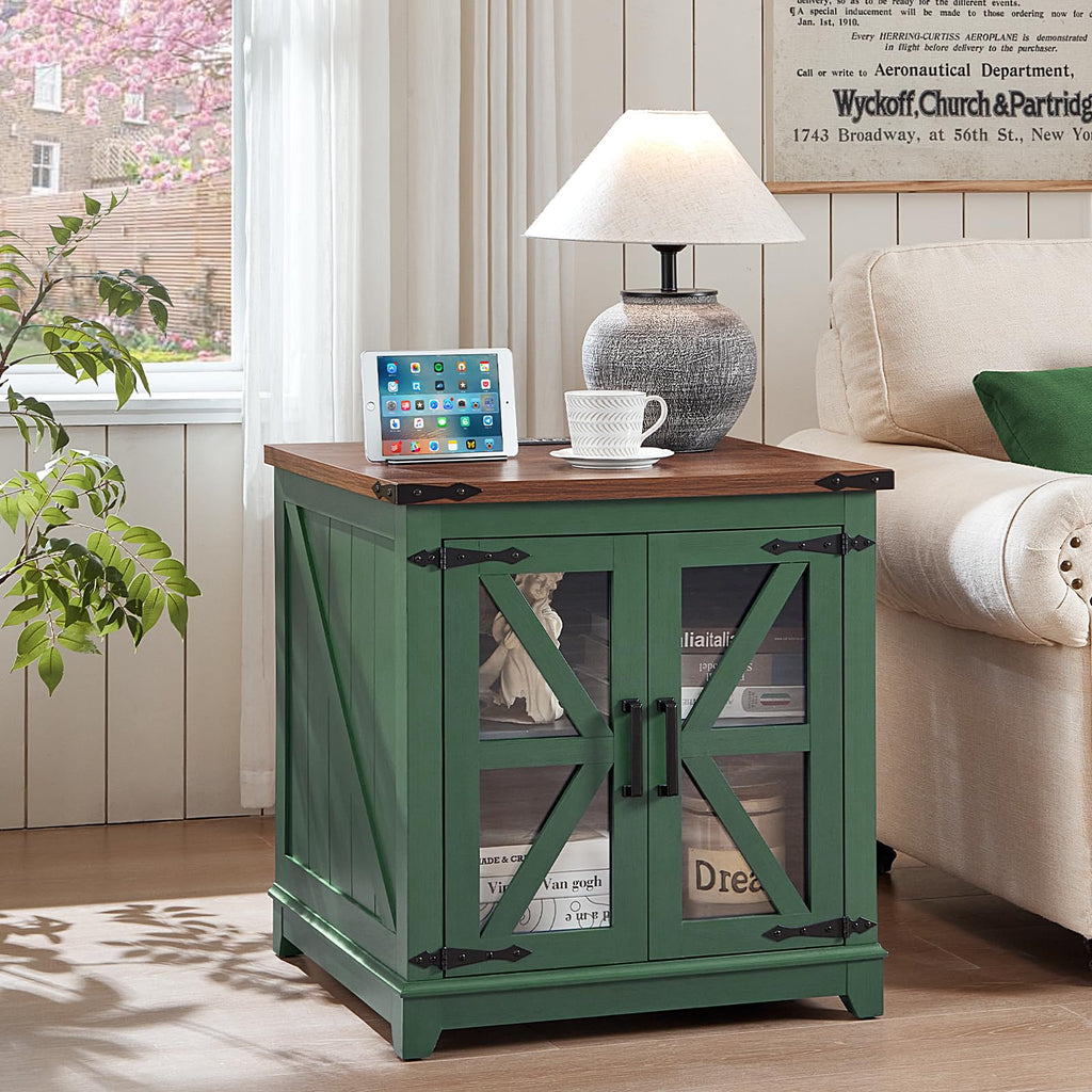 Green farmhouse end table with glass doors, wood top, and built-in charging access
