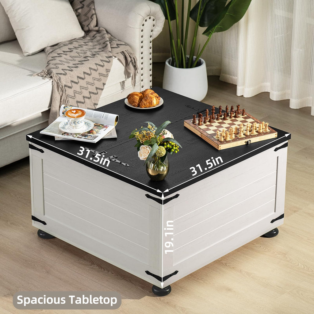 Dark tabletop square coffee table with hinged lift top and white storage body