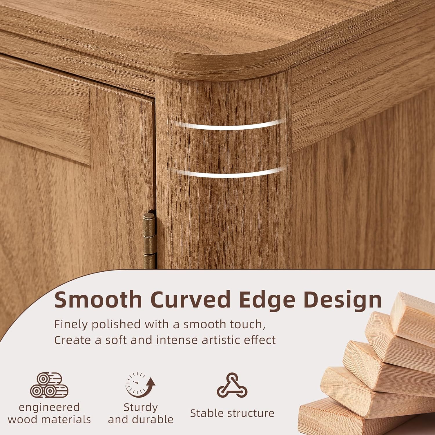 Curved wooden sideboard edge with recessed long bar handles and metal hinges