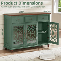 Green farmhouse sideboard buffet cabinet with glass doors, open storage and adjustable shelf