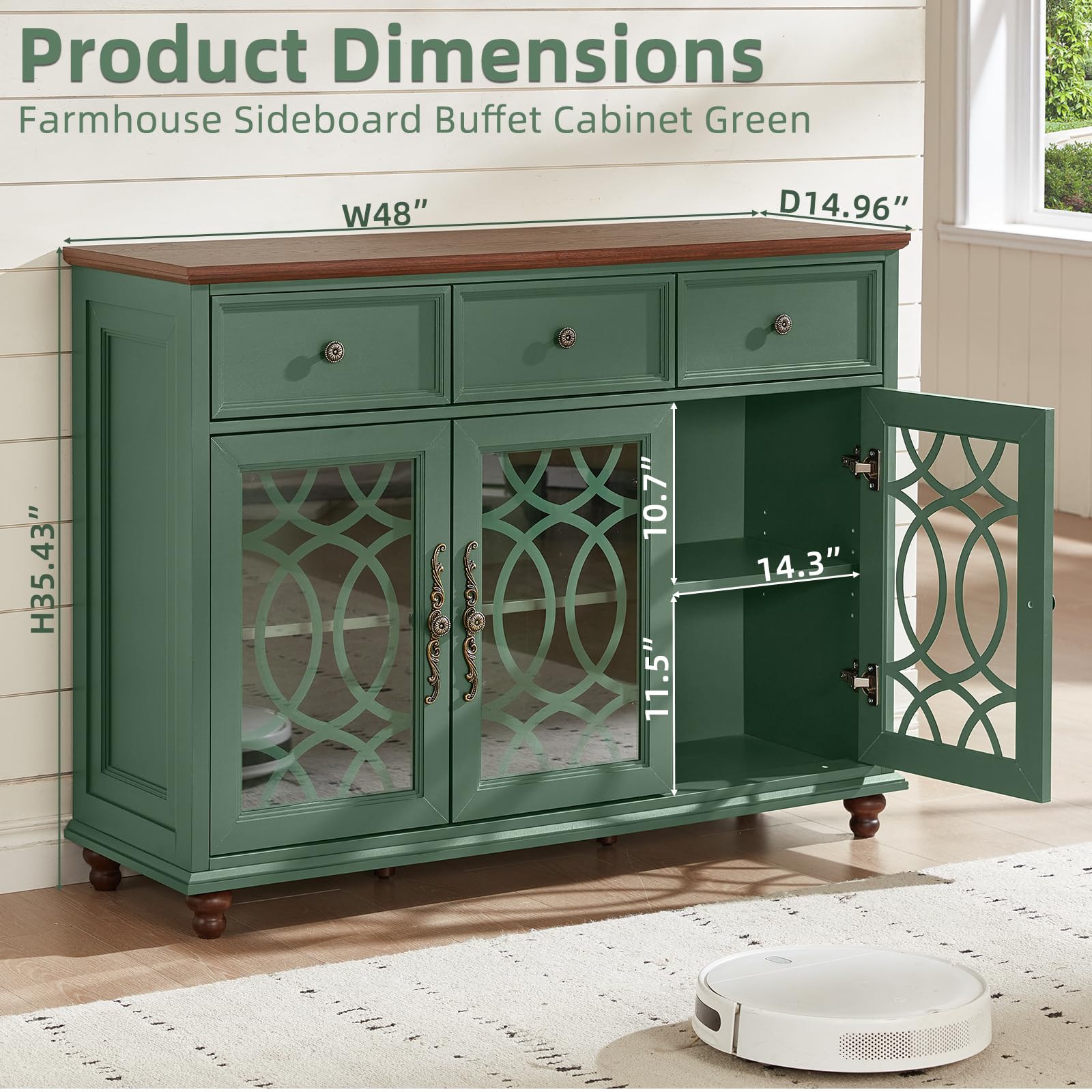 Green farmhouse sideboard cabinet with open doors showing interior shelves and hinges