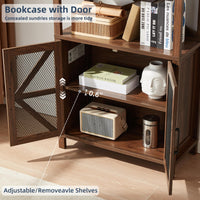 Brown wood bookcase with open cabinet door, adjustable shelves, and mesh door panels