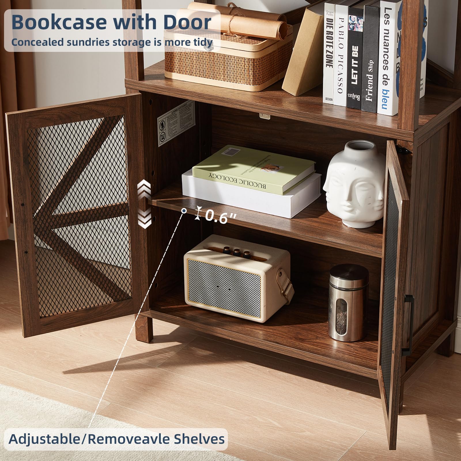 Wood bookcase with open lower cabinet doors, interior shelves, and mesh panels