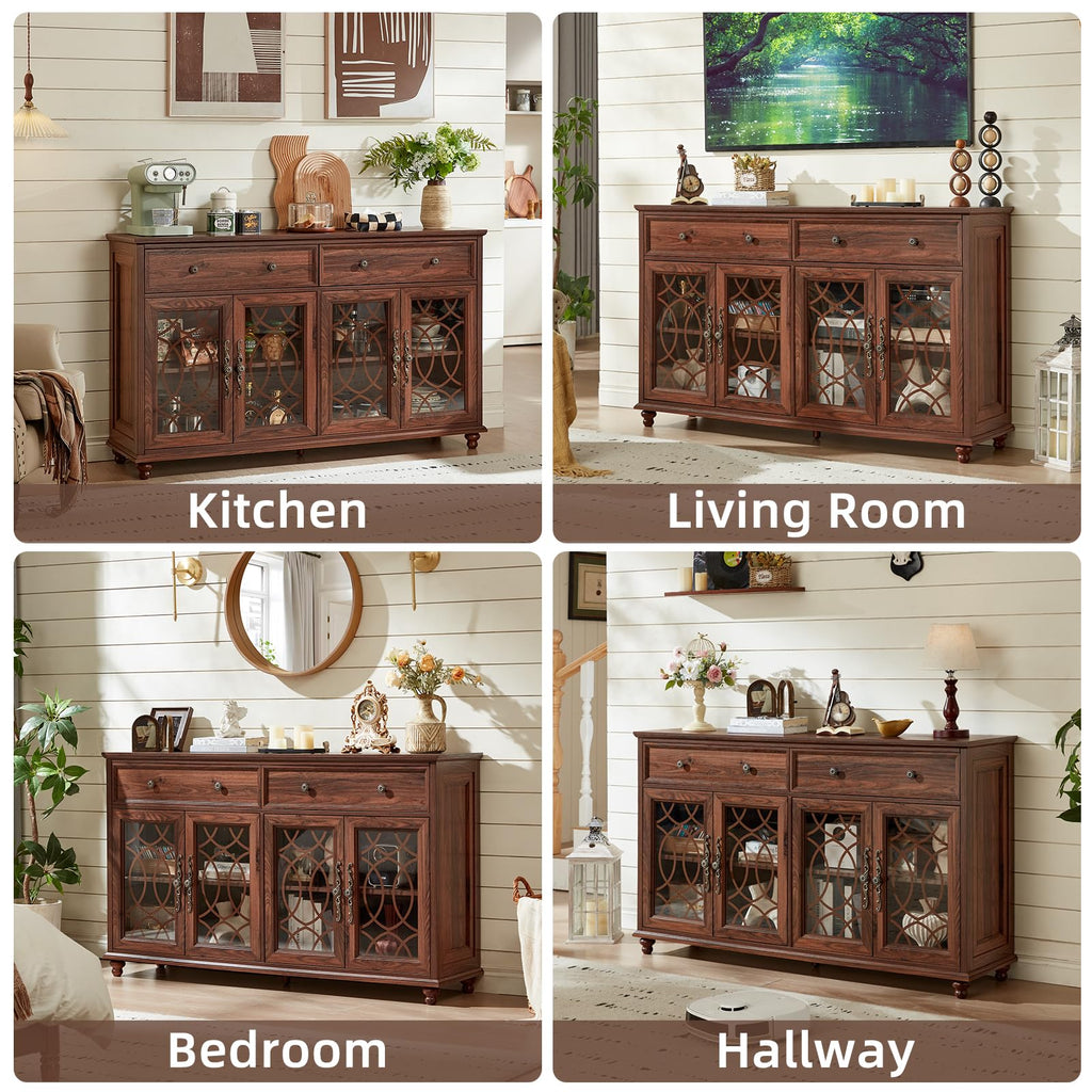 Wood sideboard buffet cabinet shown in kitchen, living room, bedroom, and hallway styling