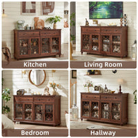 Brown wood sideboard cabinet with four glass doors and diamond-pattern lattice panels
