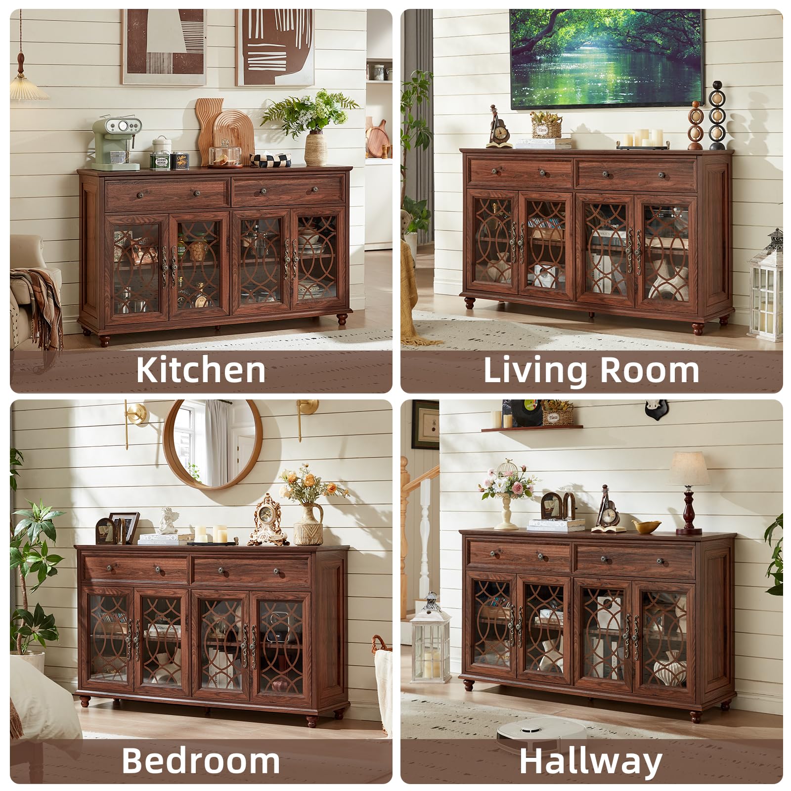 Wood sideboard buffet cabinet shown in kitchen, living room, bedroom, and hallway styling