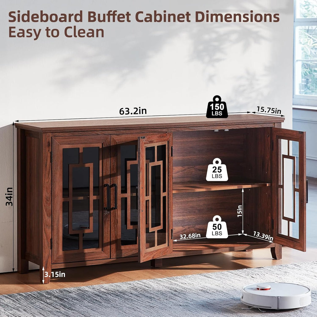 Brown wood sideboard with open double doors and adjustable interior shelves