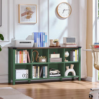 Green storage bookcase with open cubby shelves filled with books and small decor