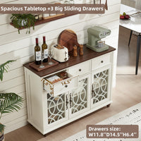White sideboard cabinet with three drawers, lattice glass doors, and open storage