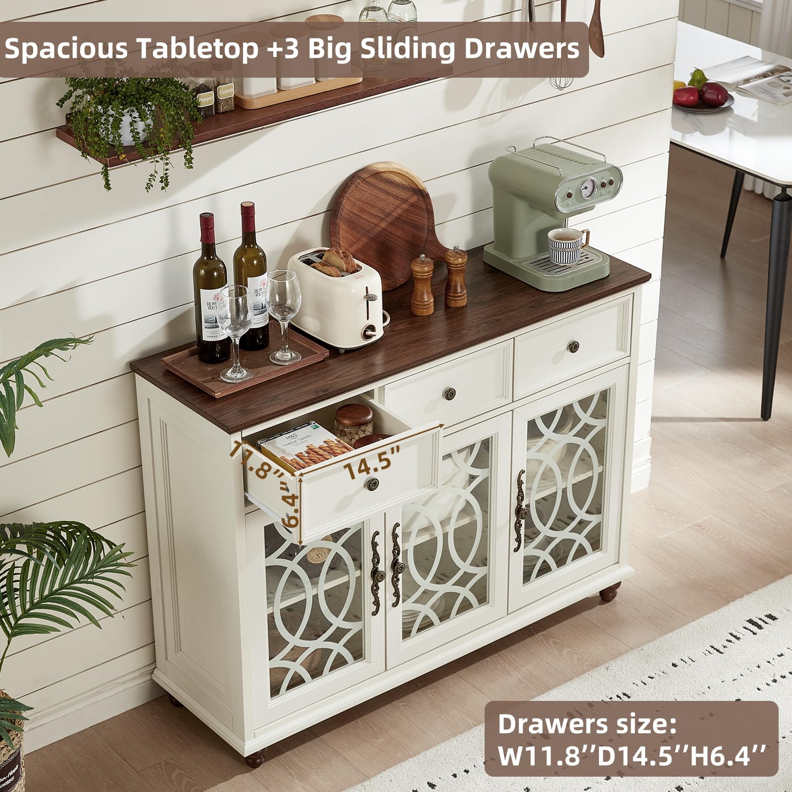 White sideboard buffet with two drawers, open storage, and glass-panel doors