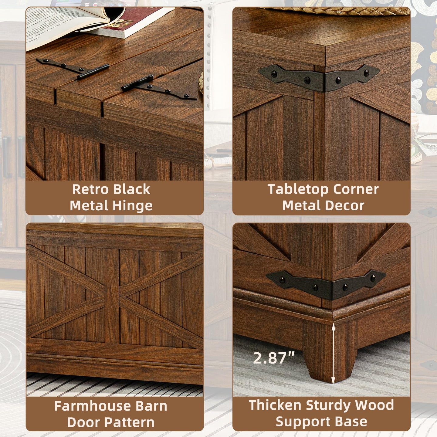 Farmhouse side table wood door hinges and corner metal hardware detail