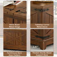 Farmhouse side table wood door hinges and corner metal hardware detail