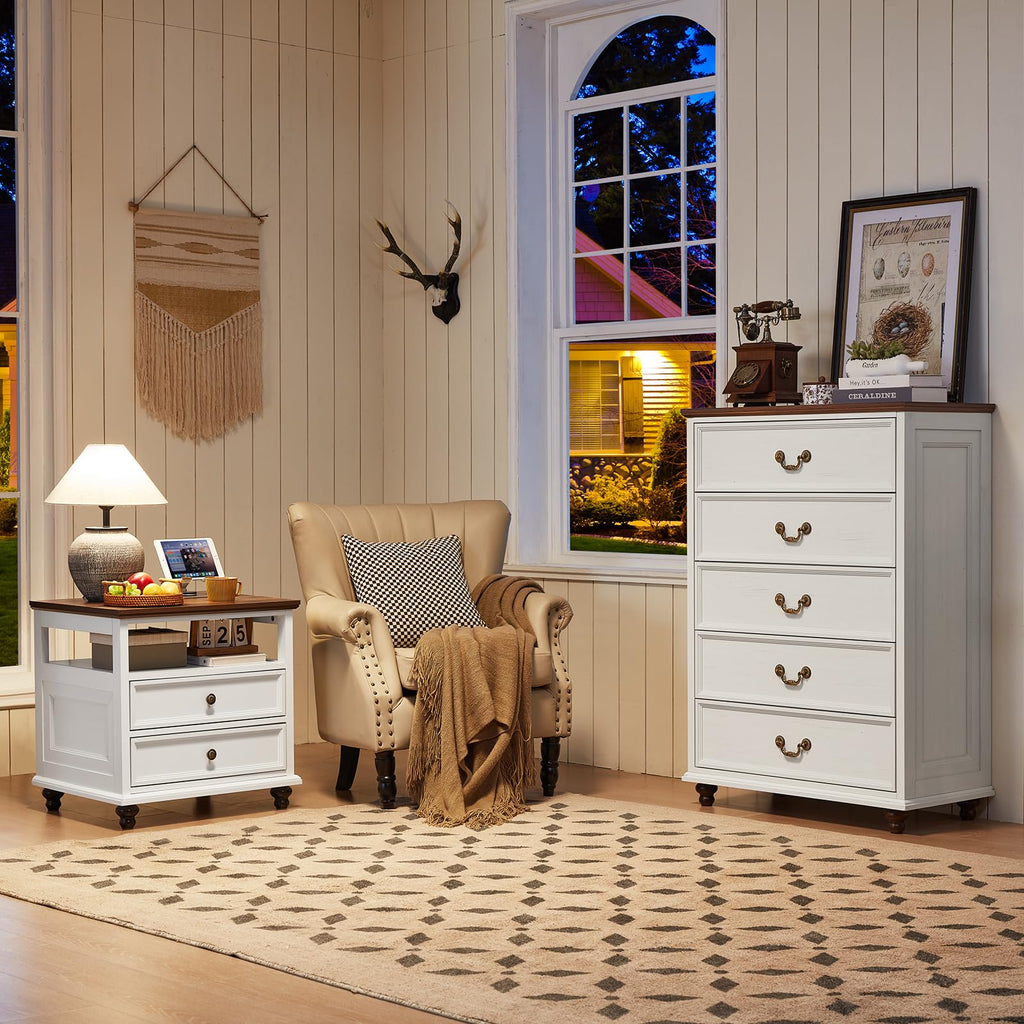 White 5-drawer dresser with metal knob pulls and rounded feet