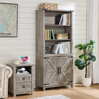 Joaxswe 70in Tall Bookshelf 5 Tier Bookcase with Barn Doors and Adjustable Shelves, Blue Farmhouse Book Shelf with Storage Cabinet, Wood Freestanding Display Bookshelves for Bedroom, Living Room