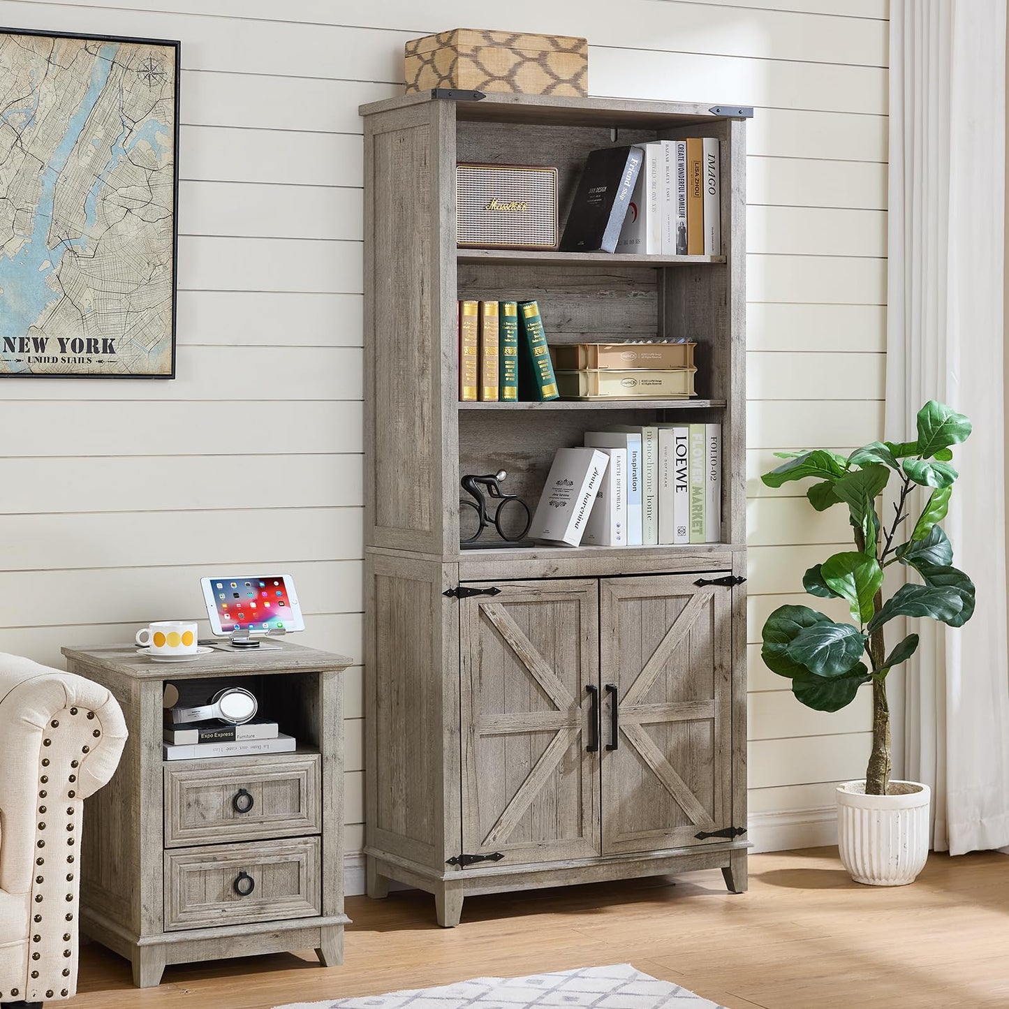 Joaxswe 70in Tall Bookshelf 5 Tier Bookcase with Barn Doors and Adjustable Shelves, Blue Farmhouse Book Shelf with Storage Cabinet, Wood Freestanding Display Bookshelves for Bedroom, Living Room