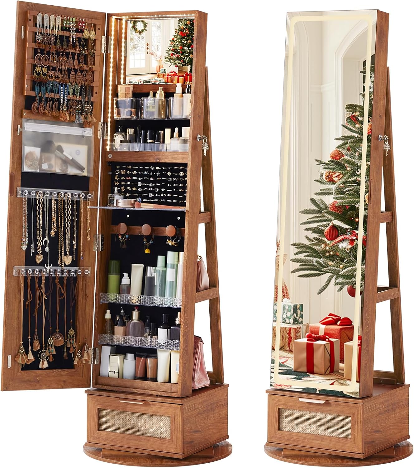 Boho 360° Swivel Jewelry Armoire Cabinet with Full Length Mirror, Standing Lockable Jewelry Organizers and Drawer with 3 Color LED Lights & Interior Mirror Rear Storage Shelves for Bedroom Living Room