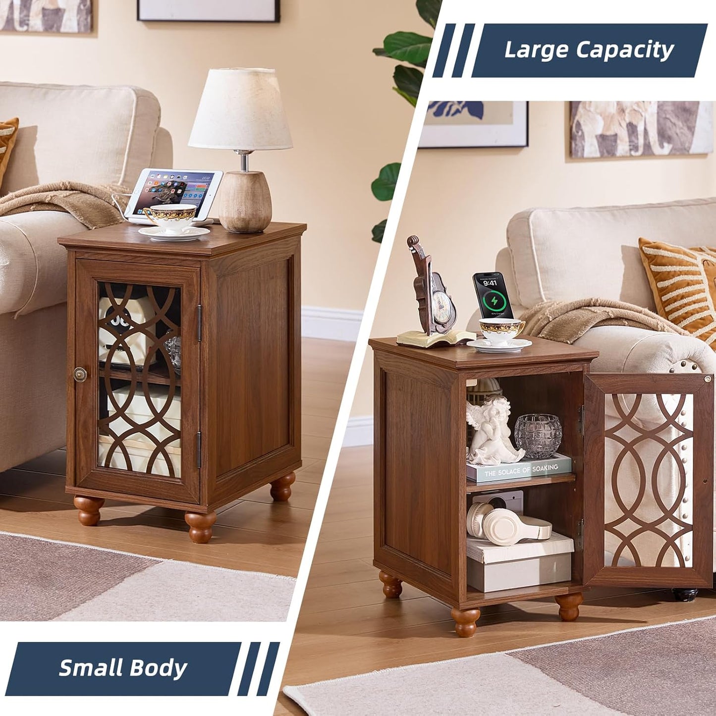 Narrow Side Table with Charging Station, Night Stand with Glass Door, Bedside End Tables with Adjustable Shelf Storage Cabinet,Wood Nightstand for Small Spaces Living Room Bedroom