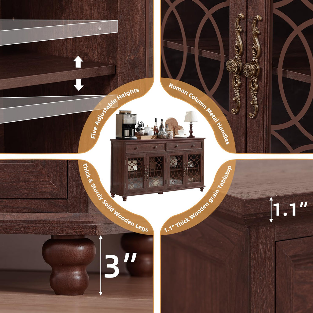 Farmhouse sideboard buffet cabinet corner with ornate brass handles and glass panels