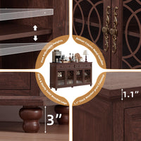 Dark brown farmhouse sideboard cabinet detail: arched glass door and round wooden legs