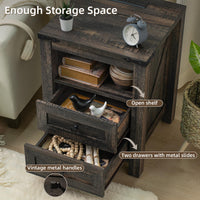 Dark wood nightstand with open shelf, two drawers with metal slides, power access