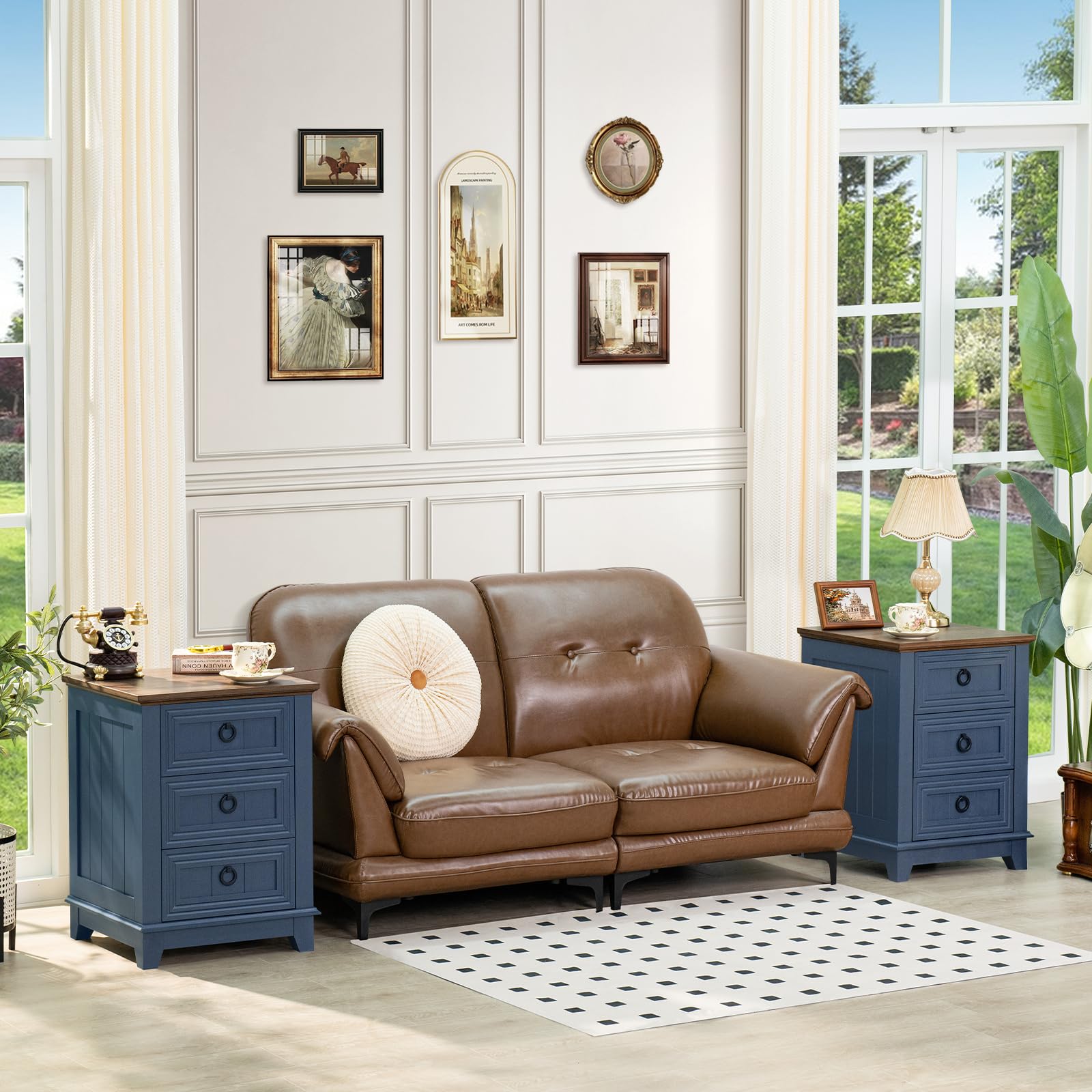 Blue farmhouse nightstand set with multiple drawers and round knobs