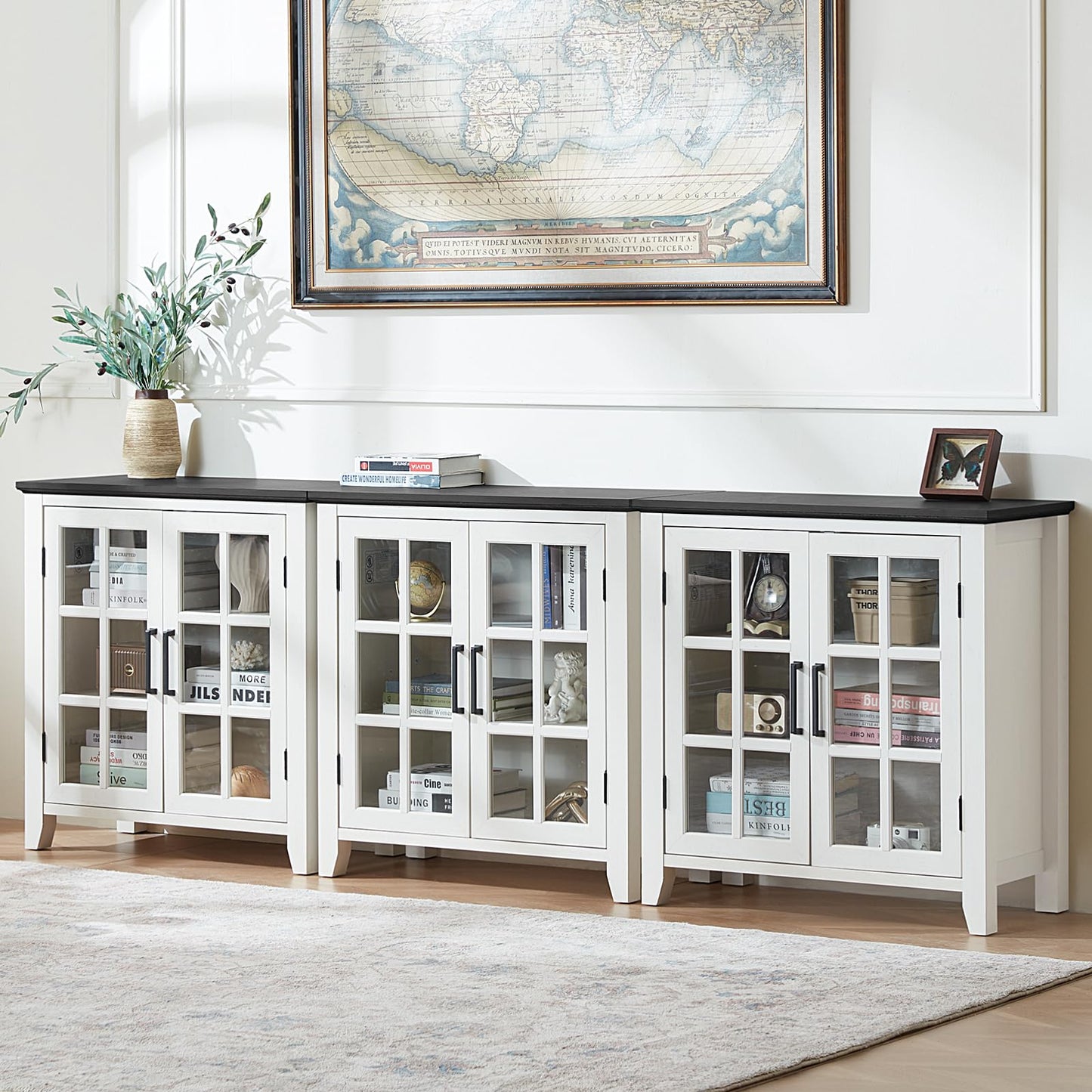 White sideboard cabinet with four glass doors and open display shelving