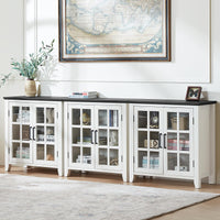 White sideboard cabinet with four glass doors and open display shelving