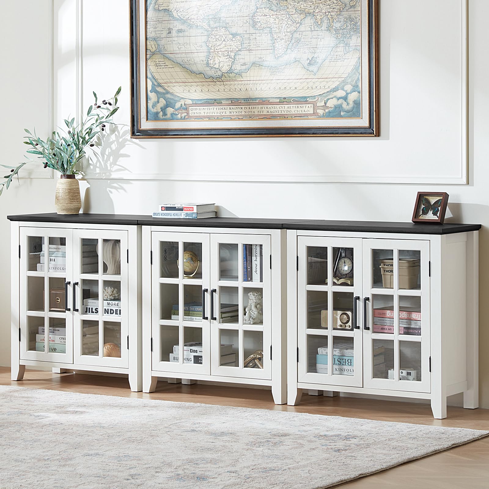 White sideboard cabinet with multiple glass doors and open storage shelves.