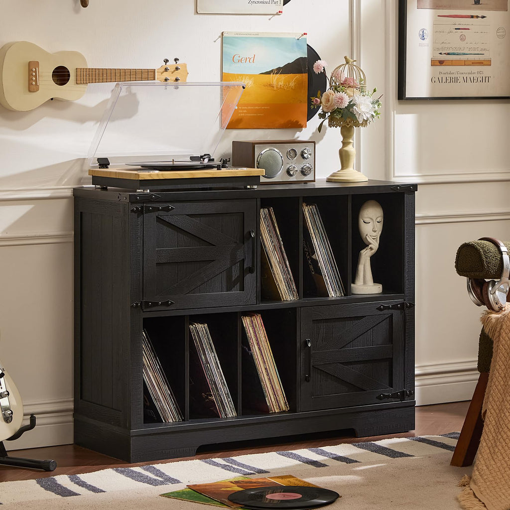 Record player cabinet with barn doors and open vinyl storage, dark gray wood