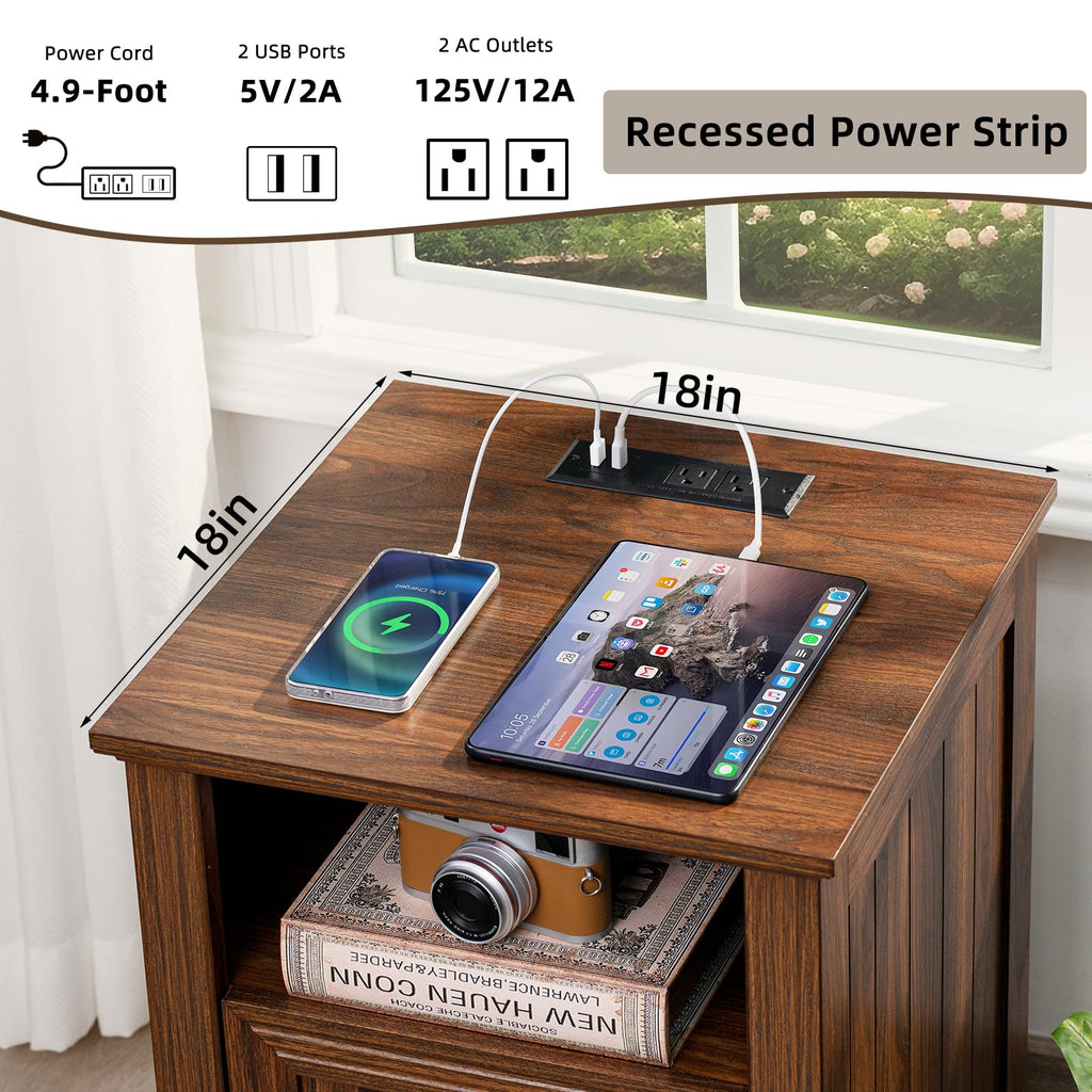 18" Farmhouse Night Stand with Charging Station, 2 Drawers End Table Dresser for Bedroom, Blue Wooden Nightstand, Bed Side Table with Open Shelf, Bedside Cabinet for Living Room, Closet