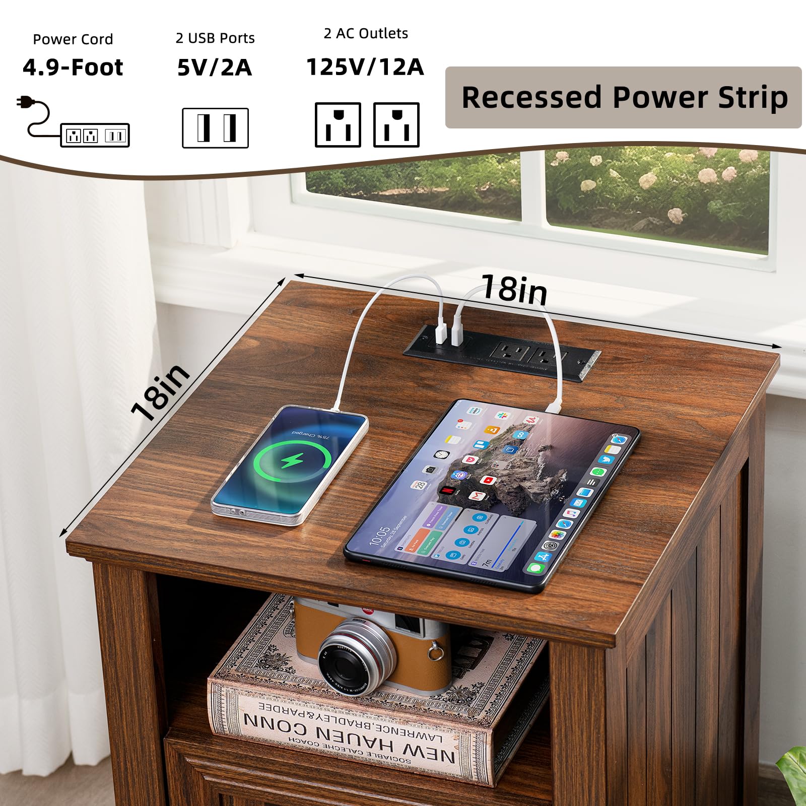 Wood nightstand top with built-in power strip for charging devices