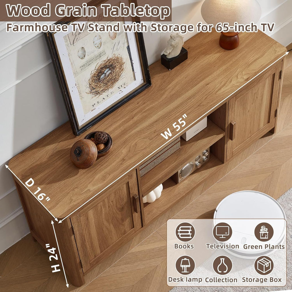 Wood TV stand tabletop with visible grain and two cabinet doors with pull handles