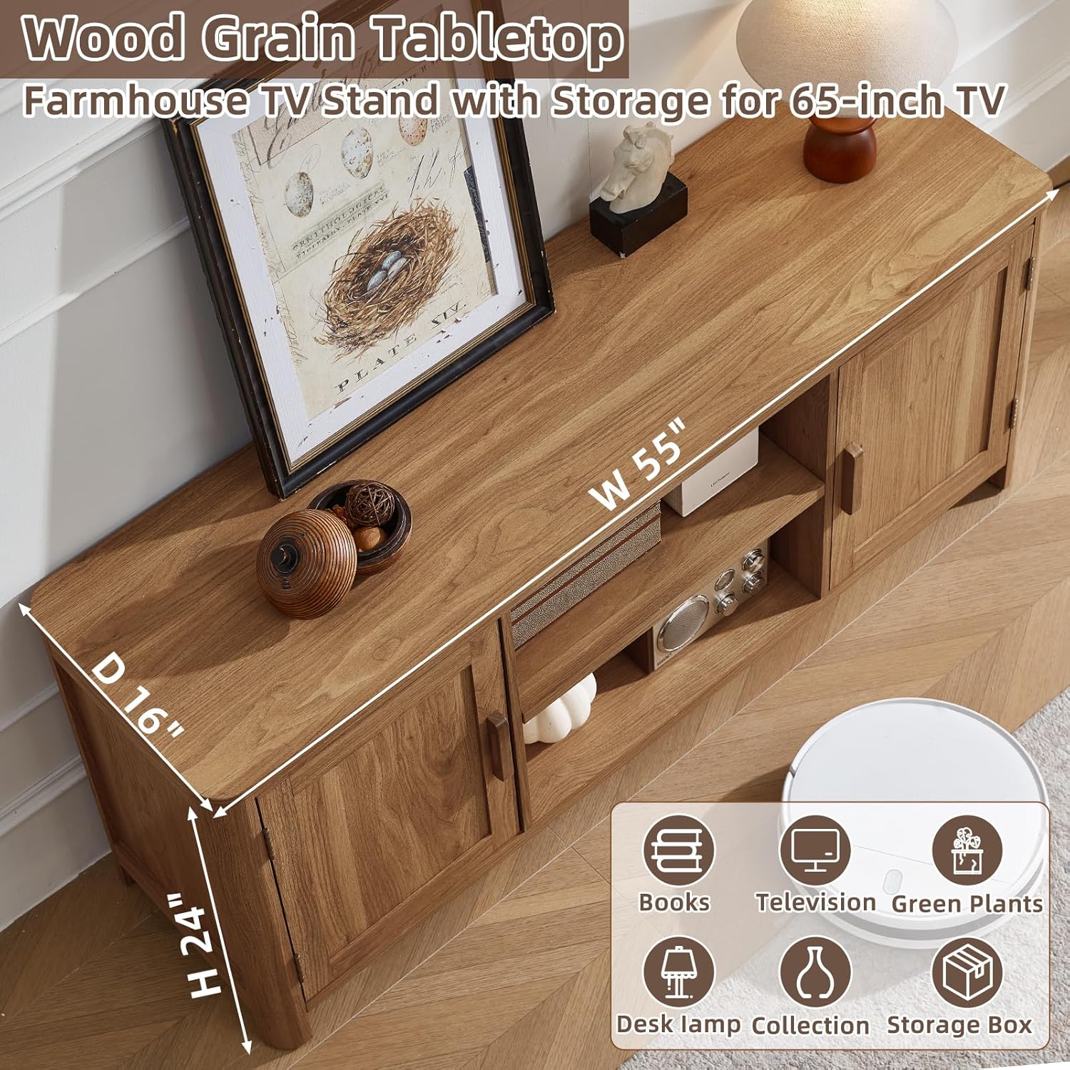 Wood TV stand tabletop with visible grain and two cabinet doors with pull handles