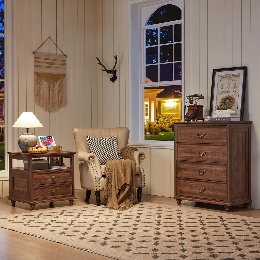 Dark wood dresser with multiple drawers, metal knob handles, and rounded feet