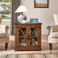 Brown wood end table with black top, glass barn doors, and charging device on top