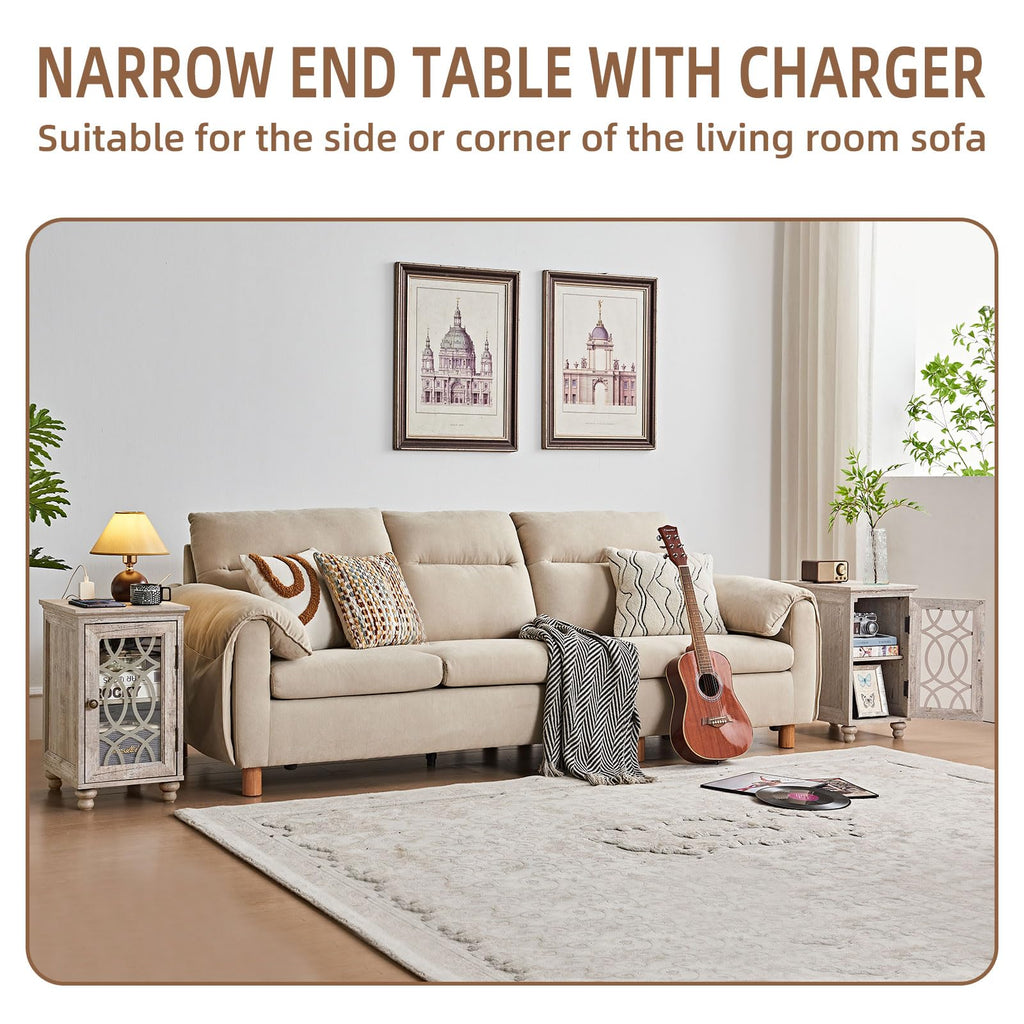 Narrow end table with charging station and glass door, dark wood, small bedside size