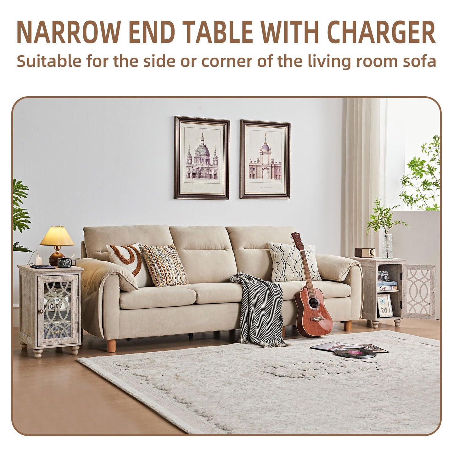 Narrow end table with charging station and glass door, dark wood, small bedside size